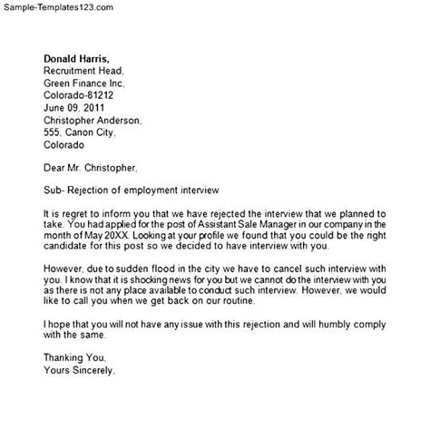 Interview Rejection Letter To Employer Sample Templates Sample