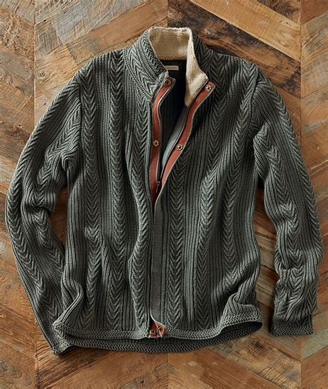 Mens Timberline Zip Front Cardigan Sweater Hearty Cable And Shaker