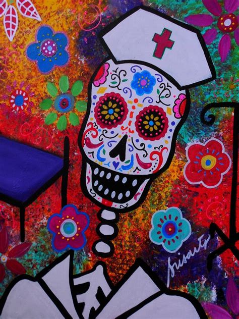 Mexican Day Of The Dead Folk Art Nurse Skulls Sugar Painting
