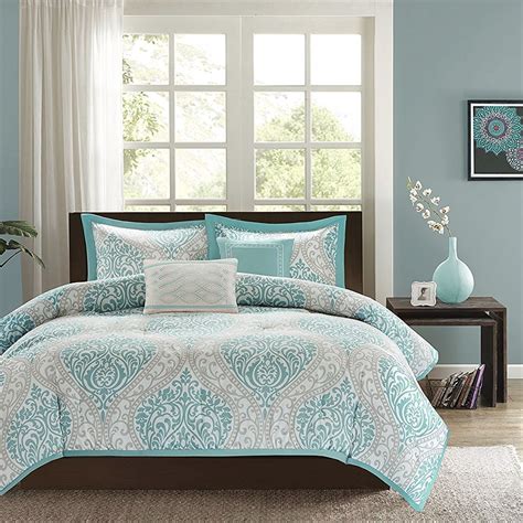 Navy blue and gray bedroom ideas blue master bedroom blue. Full / Queen size 5-Piece Damask Comforter Set in Light ...