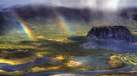 Nature Landscape Sweden River Rainbows Mountain Forest Aerial View