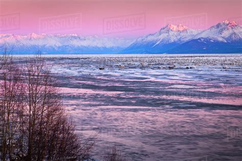 Pastel Colored Sunset Over Chugach Mountains And Icy Knik Arm Of Cook