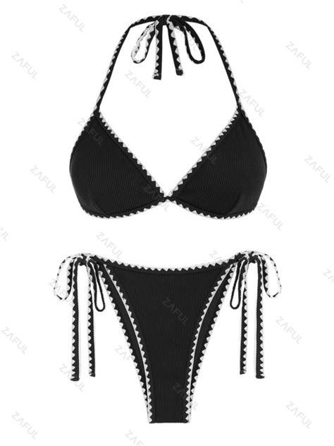 Whip Stitching Ribbed Triangle Tanga Bikini Set In Black Zaful 2024