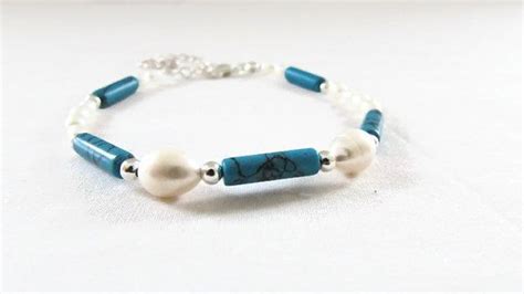 Turquoise And Pearl Bracelet Semi Precious Gemstone Blue And Etsy UK
