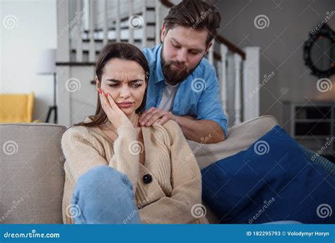 Wait Worried Young Man Is Consoling His Girlfriend While Touching Her Arm Gently Woman Is