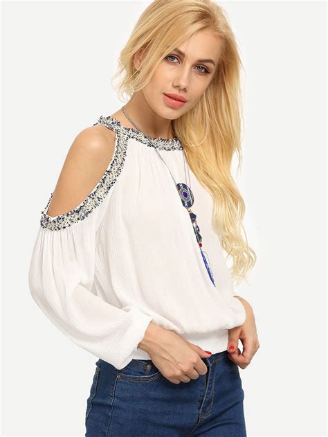 White Cold Shoulder Crew Neck Long Sleeve Blouse Shein Sheinside