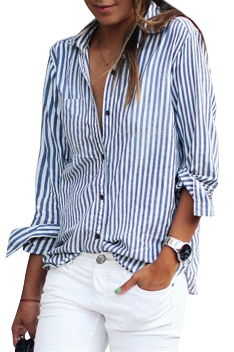 Button up in style with our women's shirts and blouses. Classic Blue And White Striped Long Sleeve Button Down ...