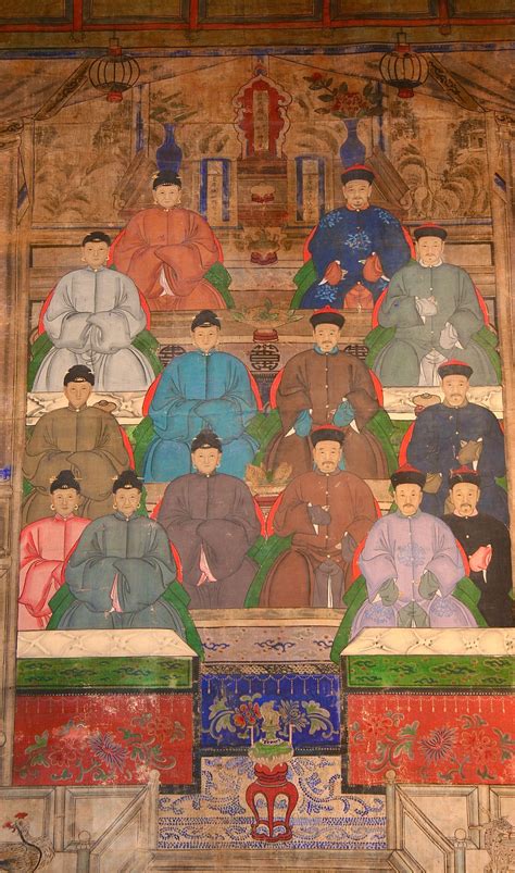 Chinese Antique Ancestral Group Portrait Painting On Canvas Ancient
