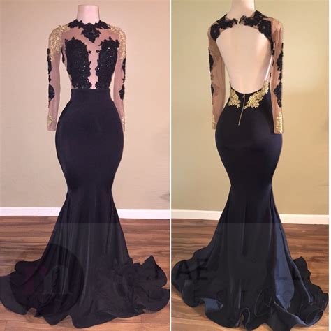 Mermaid Black Sexy Prom Dress Lace Appliques Gold Long Sleeve Prom Dress On Storenvy