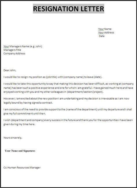 Resignation Letter Format Free Words Templates