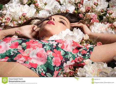 Gorgeous Sensual Woman Lying On Flowers Stock Image Image Of Lips Background 95235117
