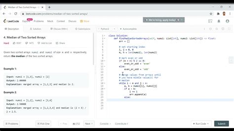 Leetcode Median Of Two Sorted Arrays Python Hard Youtube