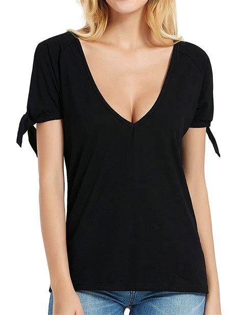 Buy Deep V Neck T Shirts Women Low Cut Tee Top Ladies Short Sleeve Loose Black Xl At