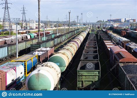 Freight Railway Cars At The Railway Station Top View Of Cargo Trains