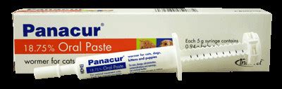 Can be used for cats and dogs for the treatment of roundworms, tapeworms (not effective against dipylidium caninum the 'flea tapeworm'), lungworms and giardia. Panacur paste for dog/cat 5g