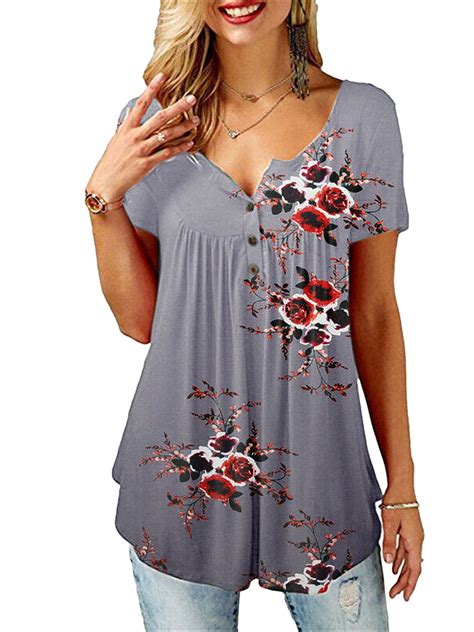 RUEWEY Women Boho Floral Short Sleeve Blouse Plus Size Tops Walmart Com