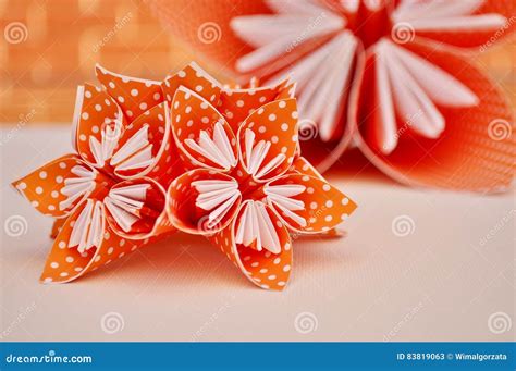 Orange Origami Flowers Made Of Polka Dotted Paper Stock Image Image