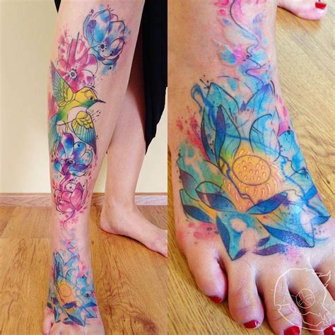 Watercolor Style Leg Tattoo