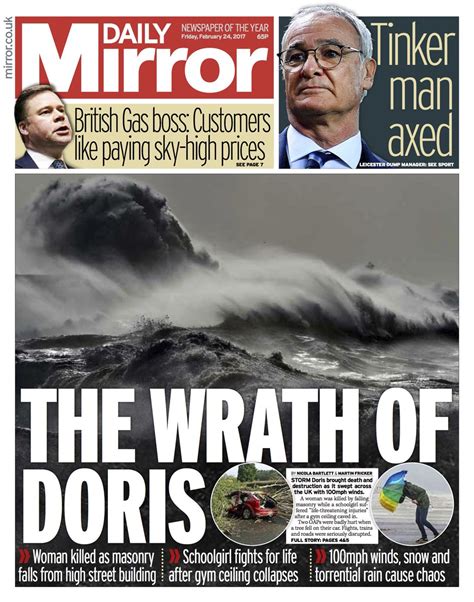 Daily Mirror Front Page The Wrath Of Doris Skypapers Sky News