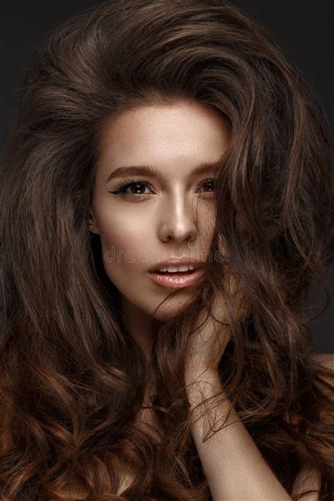 Beautiful Brunette Model Volume Curls Classic Makeup And Lips The