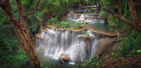 Thailand Waterfall Terraces Shrubs Forest Trees Tropical Nature