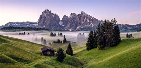 壁紙、イタリア、山、朝、south Tyrol Dolomites、アルプス山脈、霧、木、自然、ダウンロード、写真
