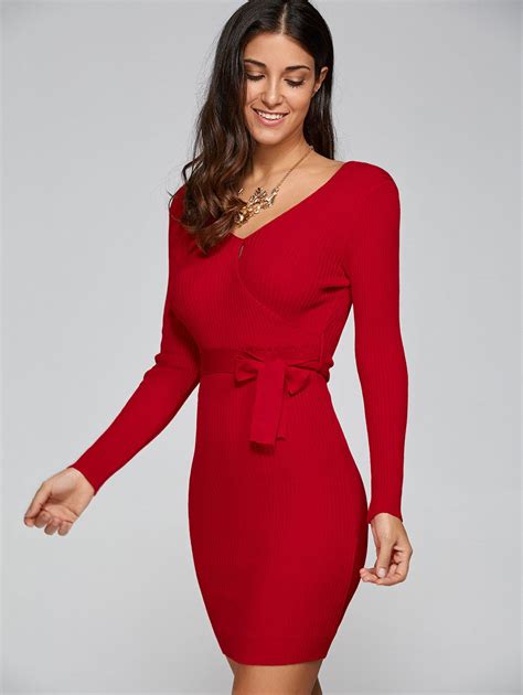 Red One Size Tight Short Knit Long Sleeved Surplice Dress