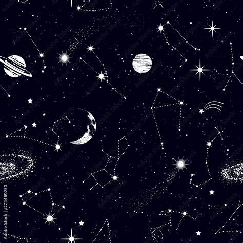 Space Seamless Pattern With Zodiac Constellations Galaxy Stars