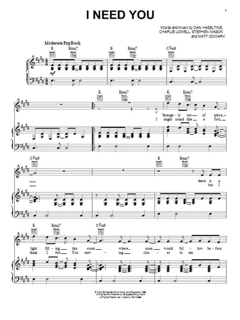 I Need You Sheet Music Jars Of Clay Piano Vocal Guitar Chords