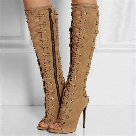 Shoespie Lace Up Peep Toe Stiletto Heel Knee High Boots Boots