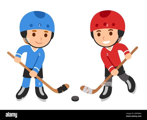 Cute Cartoon Children Playing Hockey Boys In Blue And Red Team Uniform