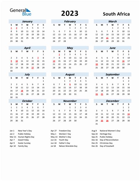 2023 South Africa Calendar With Holidays