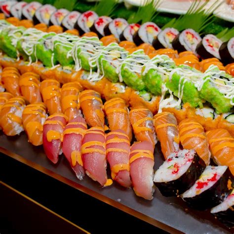 Japanese Cuisine Buffet Catering Style Sushi Set In Restaurant