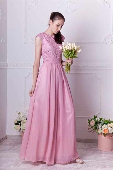 Long Dusty Rose Bridesmaid Dress With Cap Sleeves Pink Lace Etsy