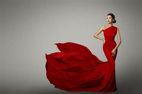 Fashion Model In Red Beauty Dress Sexy Woman Posing