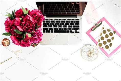 Home Office Desk With Peonies By Floral Deco On Creativemarket Mesa