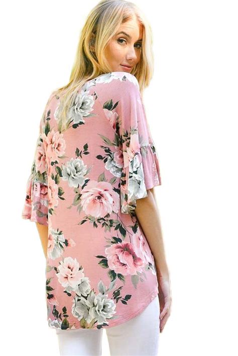 Wholesale Pink Big Floral Print Ruffle Sleeve Top