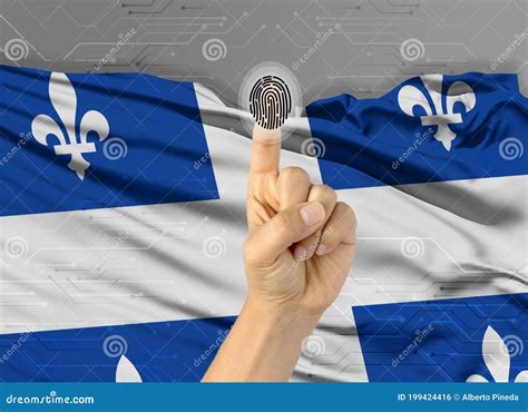 id digital quebec sobre el dedo de una persona de piel blanca y la bandera de la provincia