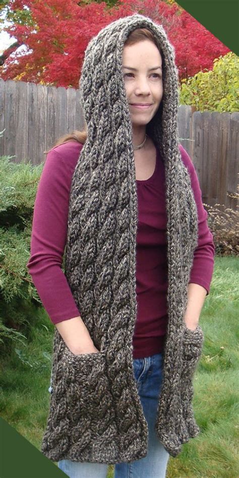 Gray Cable Knit Chunky Hooded Scarf Pattern With Pockets Knitting Things