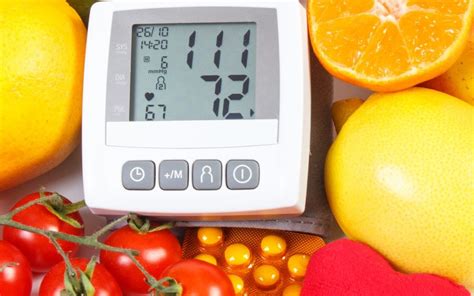 Blood Pressure Monitor Fruits With Vegetables And Medical Pills