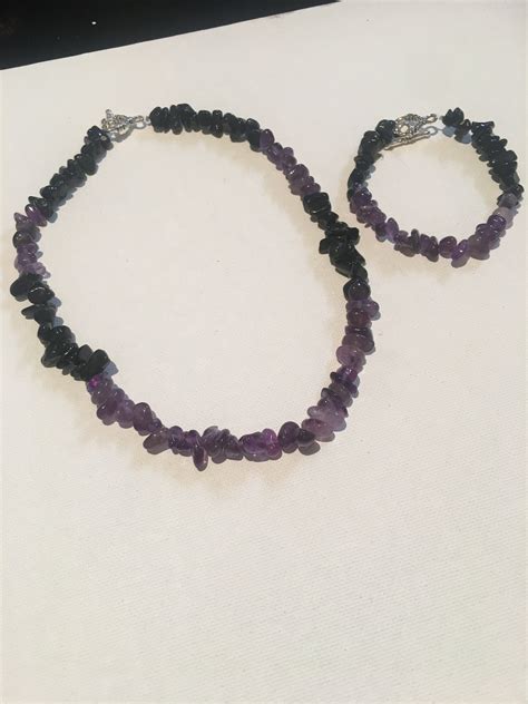 Black Obsidian And Amethyst Chip Stone Necklace And Bracelet Etsy