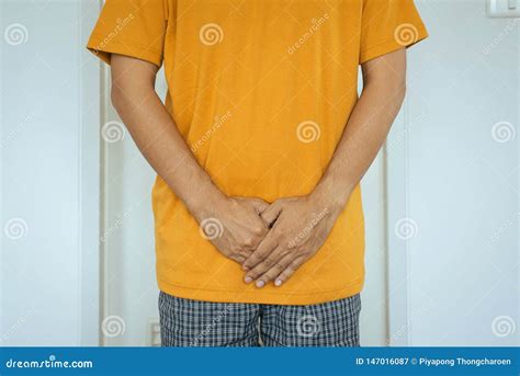 Hands Man Holding His Crotchmen Need To Peeurinary Incontinence Stock