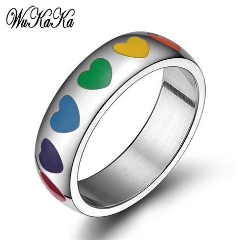 Rainbow Lgbt Heart Shape Gay Pride Ring Stainless Steel Couple Men Rings Titanium Homosexual