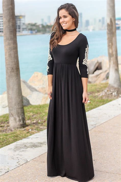 Black Maxi Dress With 34 Sleeves And Crochet Detail
