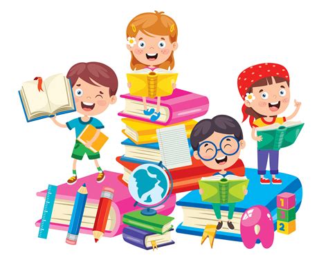 Happy School Kids On Big Books Learning 1219722 Vector Art At Vecteezy