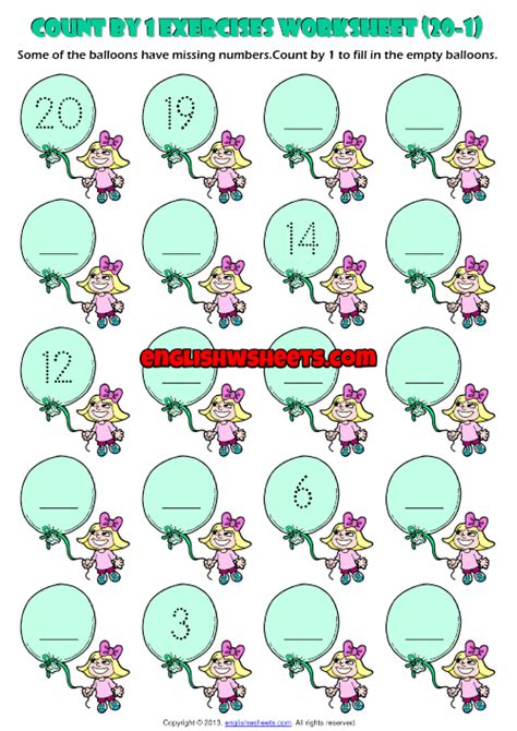 Counting Backwards By 1 From 20 To 1 Exercises Worksheet