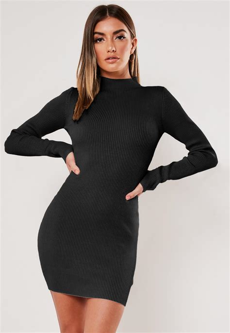 Black Rib Knit High Neck Mini Dress Missguided