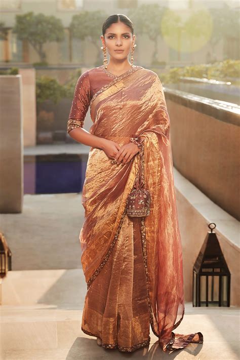 Buy Pink Saree Wrinkled Tissue Blouse Silk Chanderi Meera With For