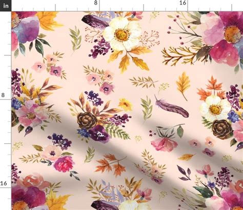 Fall Fabric 18 Floral Peach Cone Feather Peach Flower Etsy