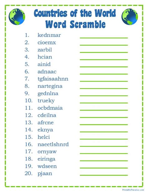 Printable Countries Of The World Word Scramble Game Word Puzzles For